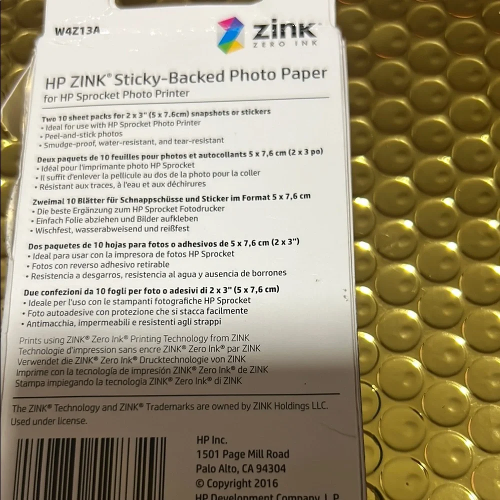 HP Zink Photo Paper with Blue and White Packaging